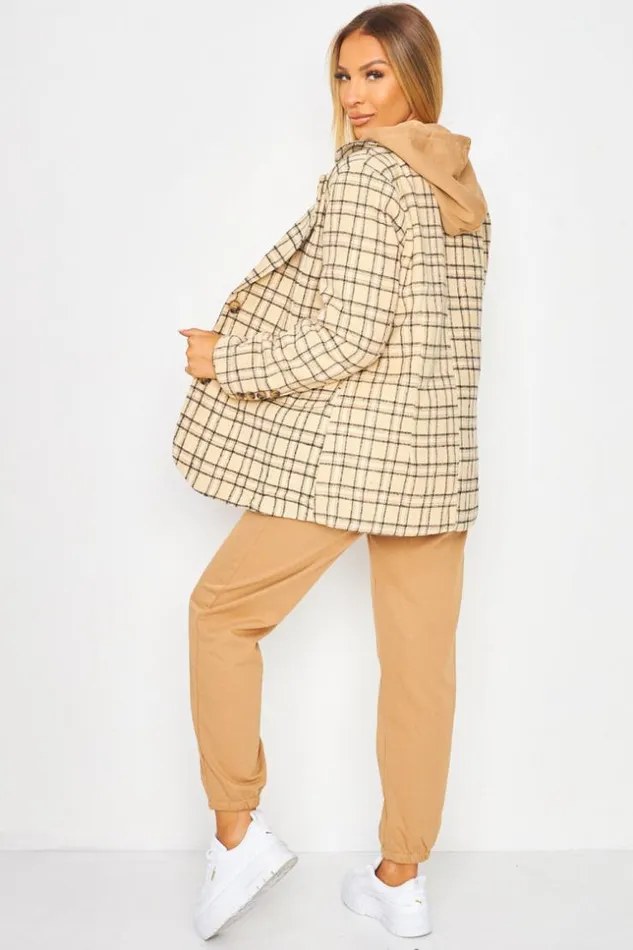 Women 3Piece CoOrd Set Hoodie Joggers Blazer In Beige Check Beige Brentiny Paris Sweaters and Sweatshirts