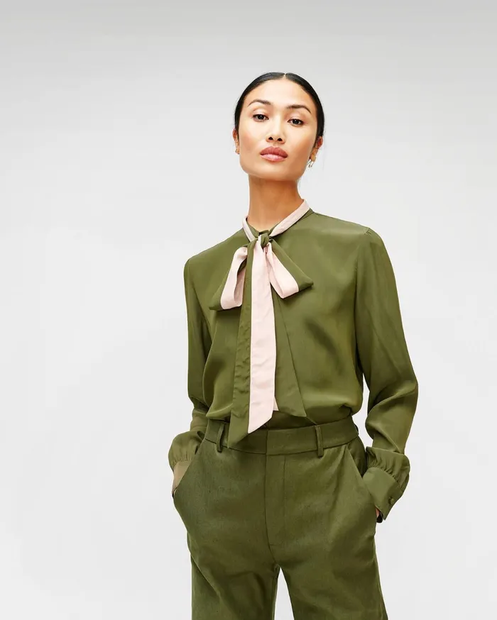 Women 7 For All Mankind Tops Contrast TieNeck Blouse In Military Green