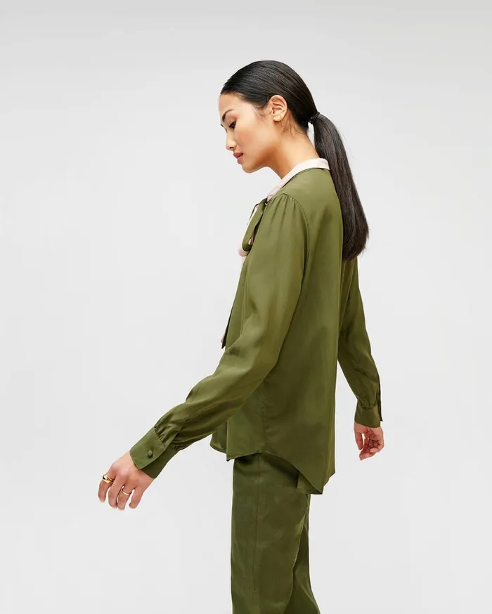 Women 7 For All Mankind Tops Contrast TieNeck Blouse In Military Green
