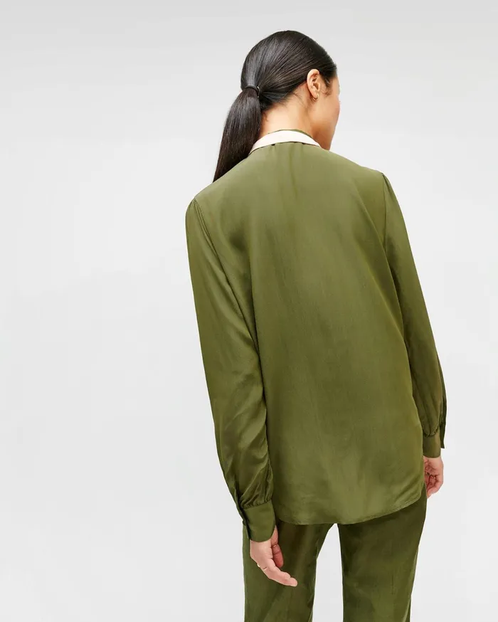Women 7 For All Mankind Tops Contrast TieNeck Blouse In Military Green