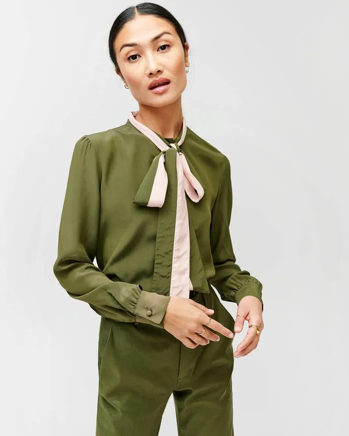 Women 7 For All Mankind Tops Contrast TieNeck Blouse In Military Green