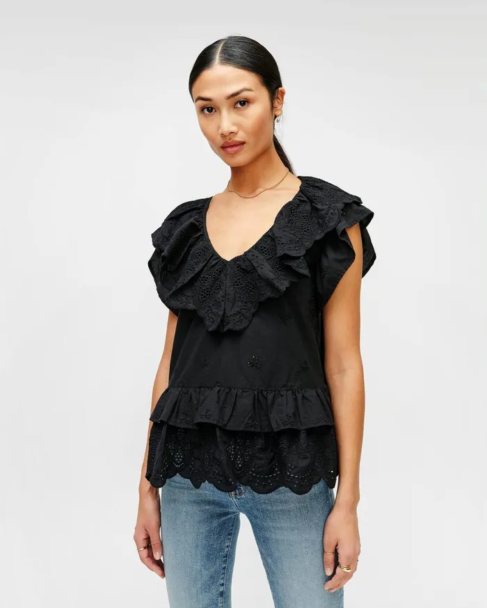 Women 7 For All Mankind Tops Double Ruffle Eyelet Top In Jet Black