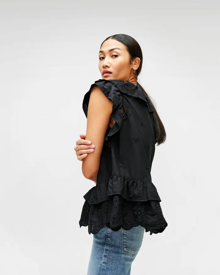 Women 7 For All Mankind Tops Double Ruffle Eyelet Top In Jet Black