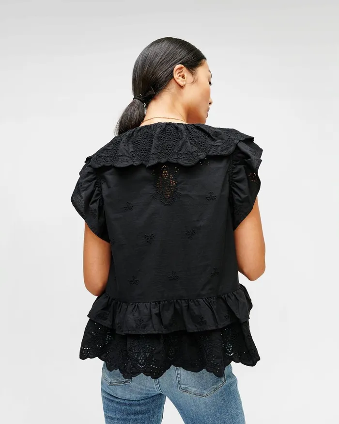 Women 7 For All Mankind Tops Double Ruffle Eyelet Top In Jet Black