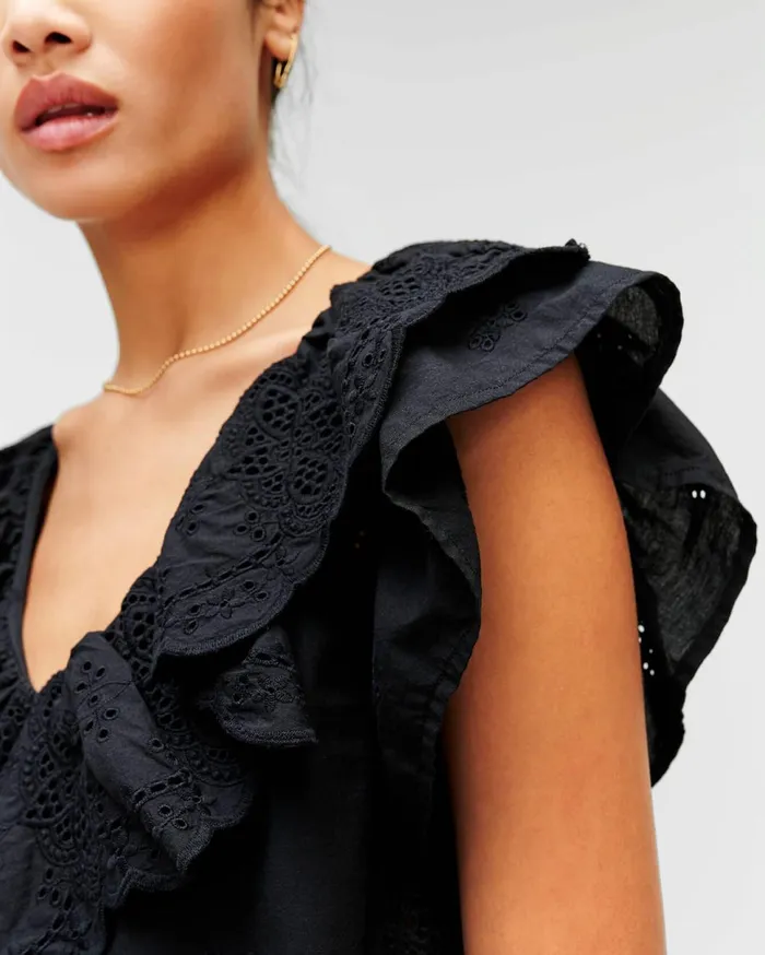 Women 7 For All Mankind Tops Double Ruffle Eyelet Top In Jet Black