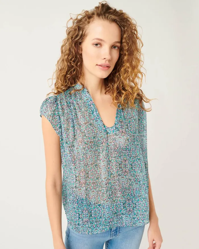 Women 7 For All Mankind Tops Flutter Sleeve Tie Neck Top In Radiant Wildflower
