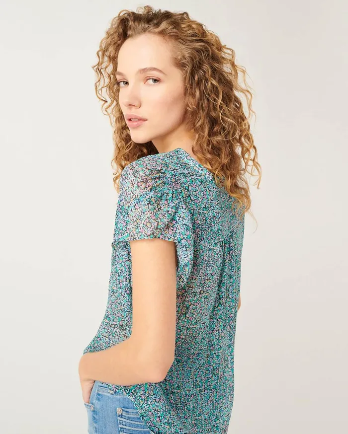 Women 7 For All Mankind Tops Flutter Sleeve Tie Neck Top In Radiant Wildflower