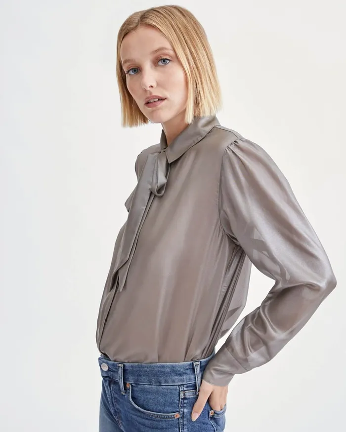 Women 7 For All Mankind Tops Neck Tie Blouse In Silver