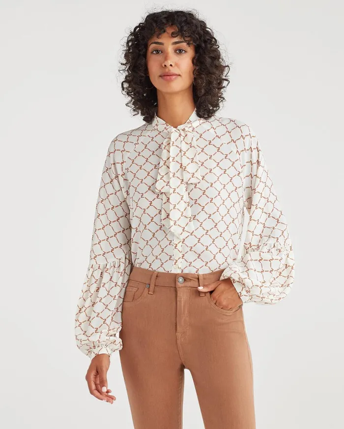 Women 7 For All Mankind Tops Tie Neck Blouse In Soft White Status Chain Print