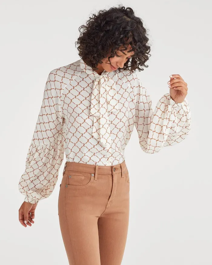 Women 7 For All Mankind Tops Tie Neck Blouse In Soft White Status Chain Print