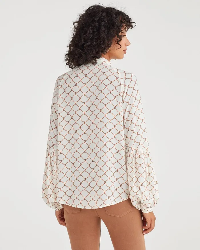 Women 7 For All Mankind Tops Tie Neck Blouse In Soft White Status Chain Print