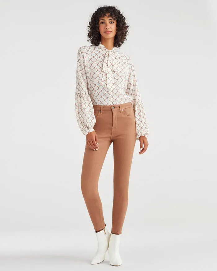 Women 7 For All Mankind Tops Tie Neck Blouse In Soft White Status Chain Print