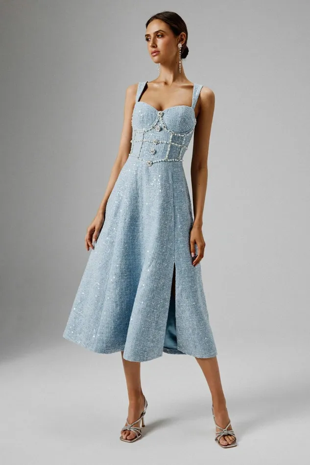 Women ALine Dresses Lavish Alice KIRA Pearl Embellished Boucle A Line Dress In Blue Blue Women ALine Dresses Lavish Alice KIRA Pearl Embellished Boucle A Line Dress In Blue Blue