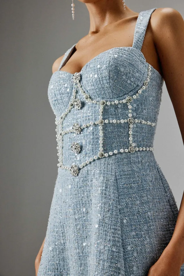 Women ALine Dresses Lavish Alice KIRA Pearl Embellished Boucle A Line Dress In Blue Blue
