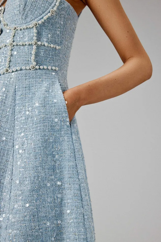 Women ALine Dresses Lavish Alice KIRA Pearl Embellished Boucle A Line Dress In Blue Blue