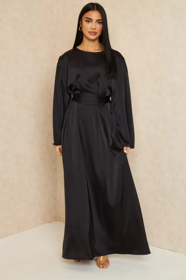 Women Abaya Ample Ceinture Et Satine Noire Black Brentiny Paris Satin Dresses