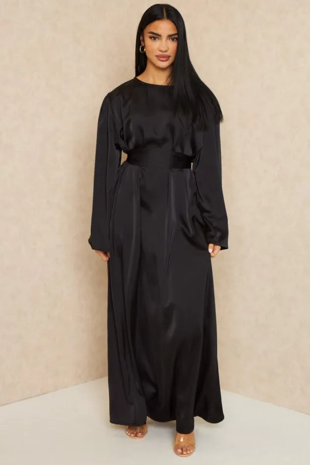 Women Abaya Ample Ceinture Et Satine Noire Black Brentiny Paris Satin Dresses Women Abaya Ample Ceinture Et Satine Noire Black Brentiny Paris Satin Dresses