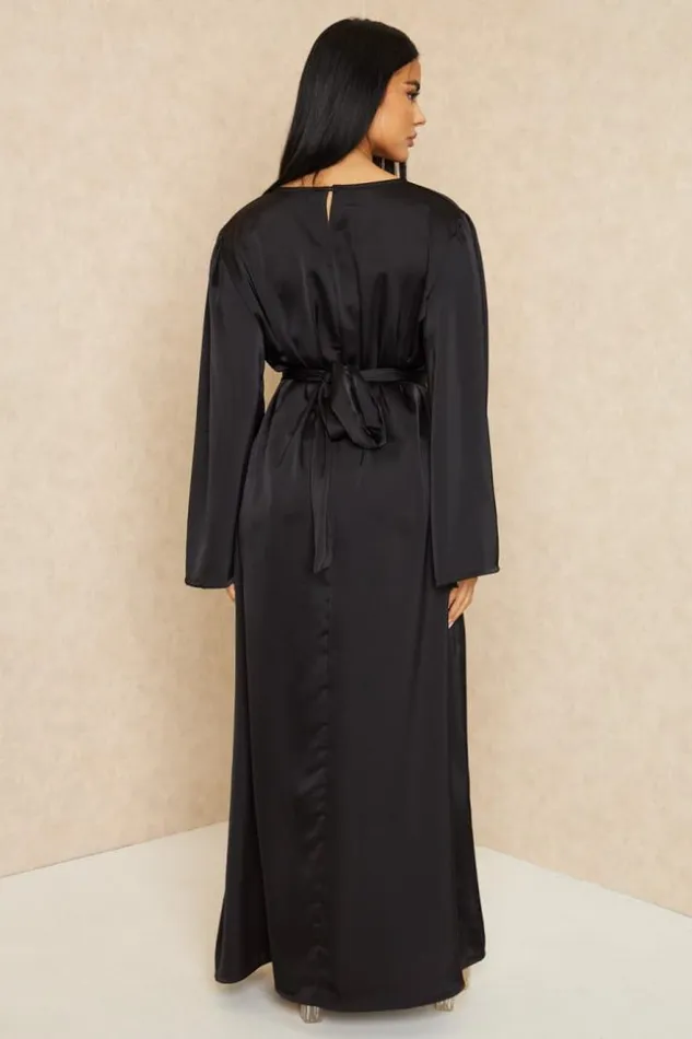 Women Abaya Ample Ceinture Et Satine Noire Black Brentiny Paris Satin Dresses Women Abaya Ample Ceinture Et Satine Noire Black Brentiny Paris Satin Dresses