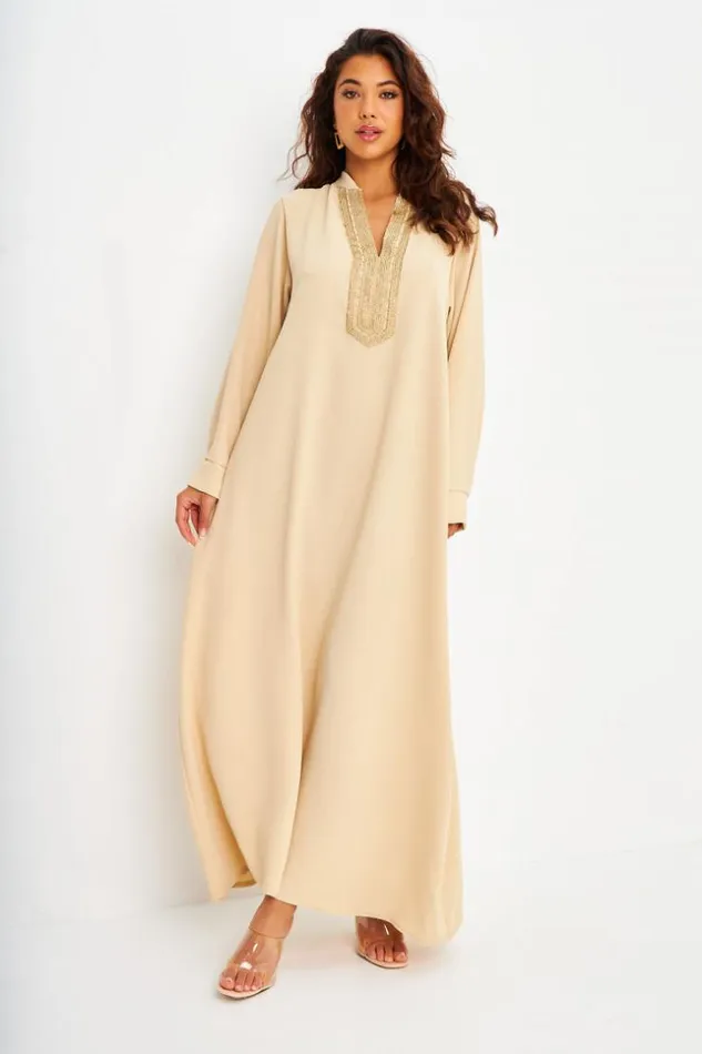 Women Abaya Beige Dcollet V Broderie Dore Beige Brentiny Paris Collection Ramadan