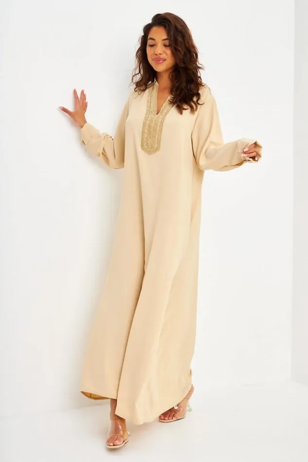 Women Abaya Beige Dcollet V Broderie Dore Beige Brentiny Paris Collection Ramadan Women Abaya Beige Dcollet V Broderie Dore Beige Brentiny Paris Collection Ramadan