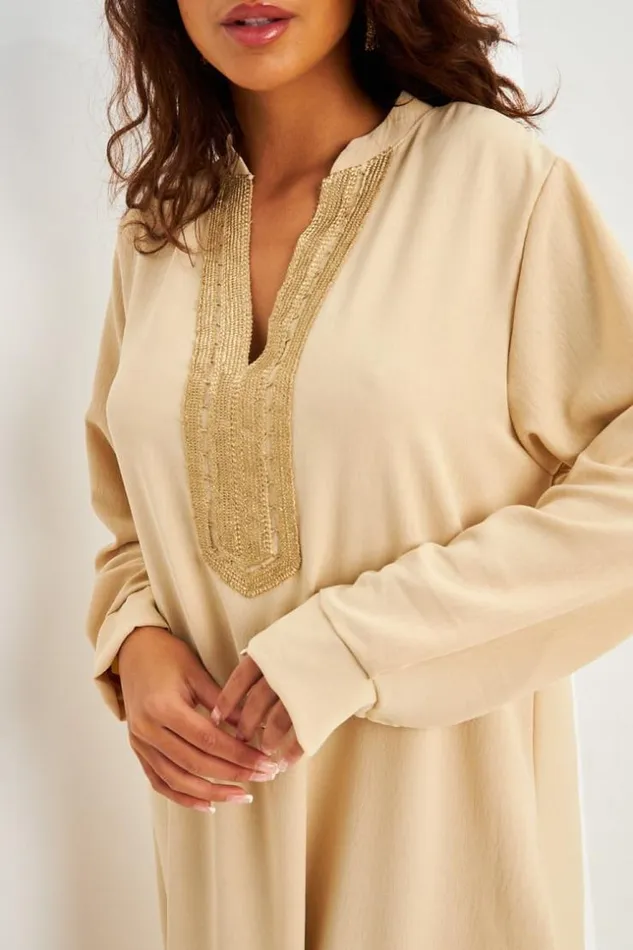 Women Abaya Beige Dcollet V Broderie Dore Beige Brentiny Paris Collection Ramadan Women Abaya Beige Dcollet V Broderie Dore Beige Brentiny Paris Collection Ramadan