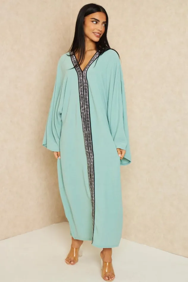 Women Abaya Vert D039eau Bandes Motif Grec Strass Vertclair Brentiny Paris Collection Ramadan