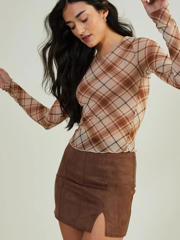 Women Altar039d State Blouses Lainey Plaid Mesh Top Brownmulti