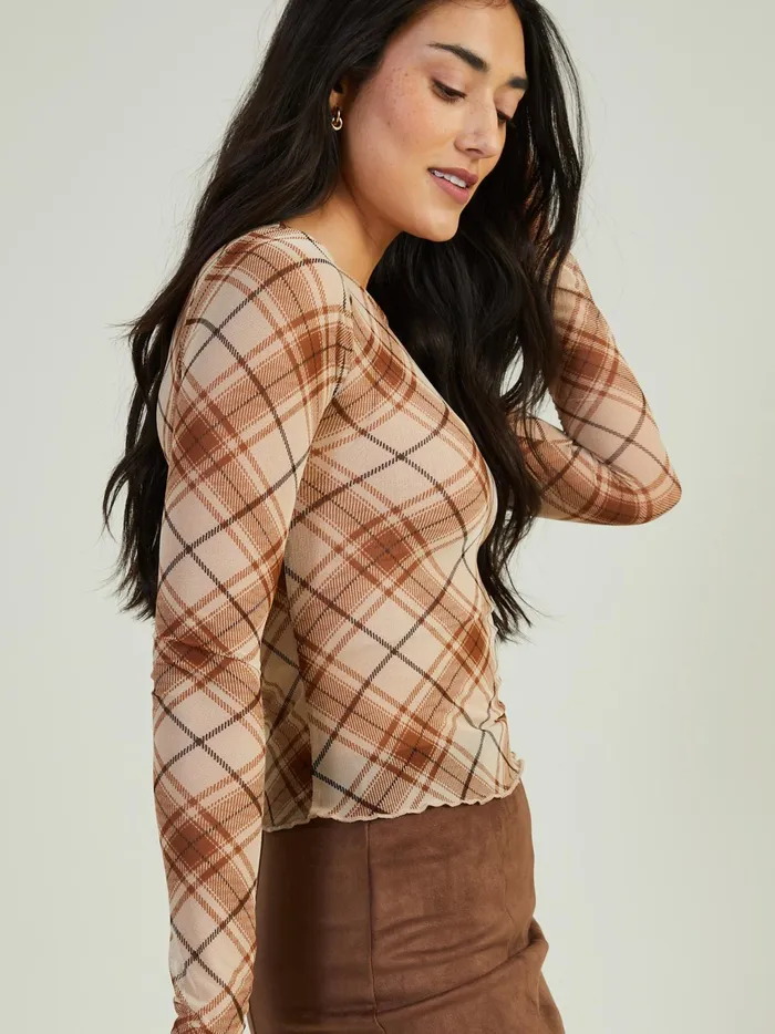 Women Altar039d State Blouses Lainey Plaid Mesh Top Brownmulti