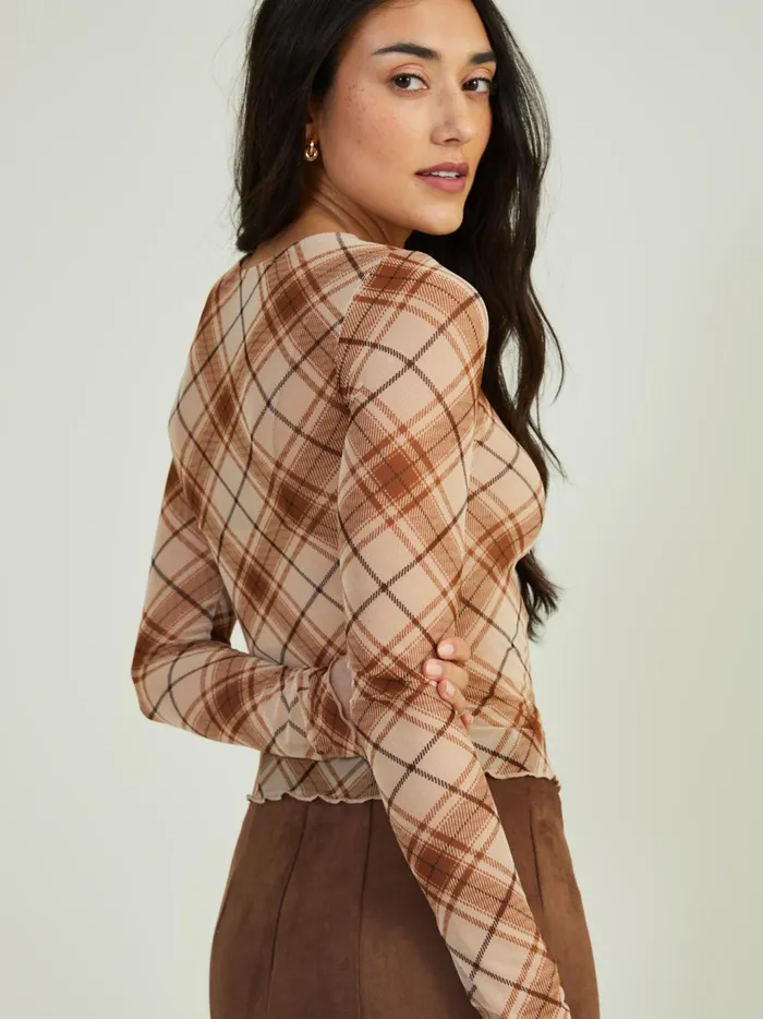 Women Altar039d State Blouses Lainey Plaid Mesh Top Brownmulti