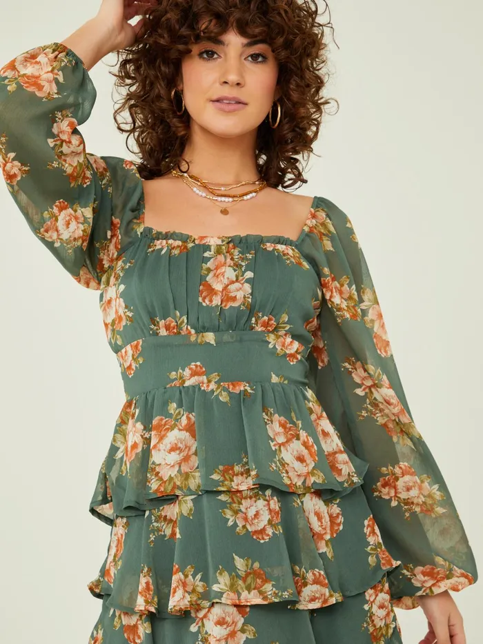 Women Altar039d State Casual Leah Layered Floral Dress Olive