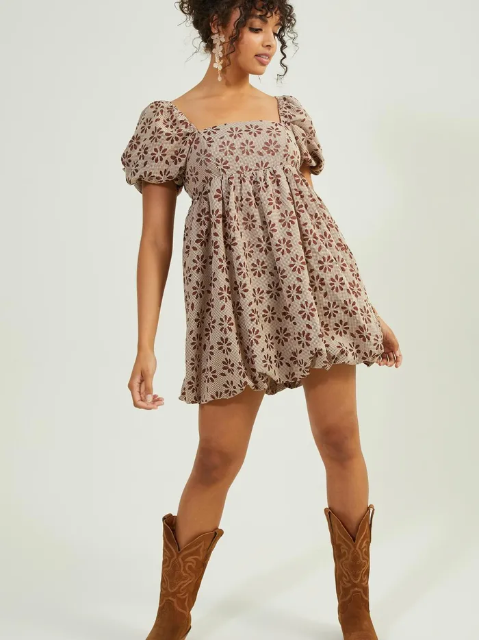 Women Altar039d State Casual Pixie Floral Puff Sleeve Dress Brown