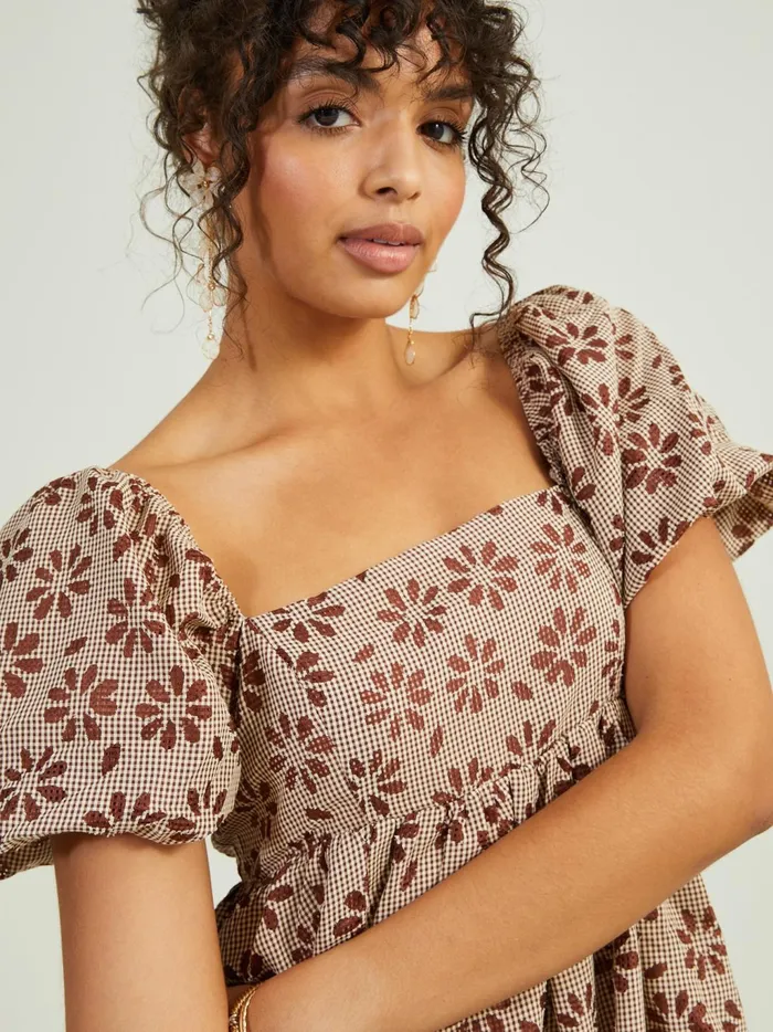 Women Altar039d State Casual Pixie Floral Puff Sleeve Dress Brown