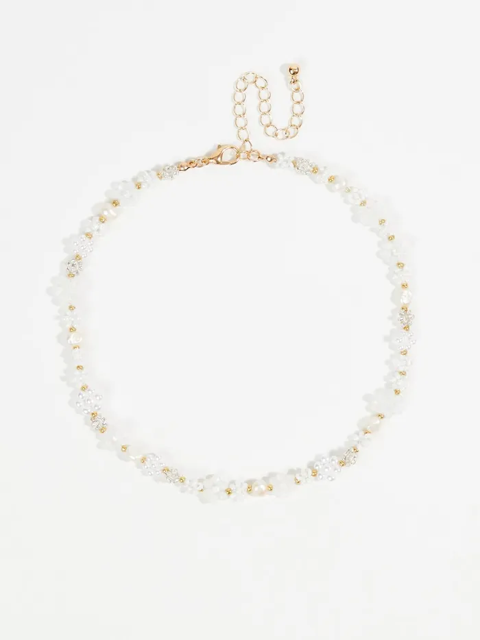 Women Altar039d State Jewelry Flower Glass Seed Bead Pearl Choker Necklace Goldwhite