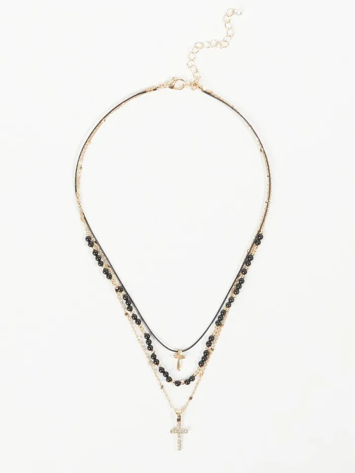 Women Altar039d State Jewelry Layered Cross Charm Cord Necklace Goldblack