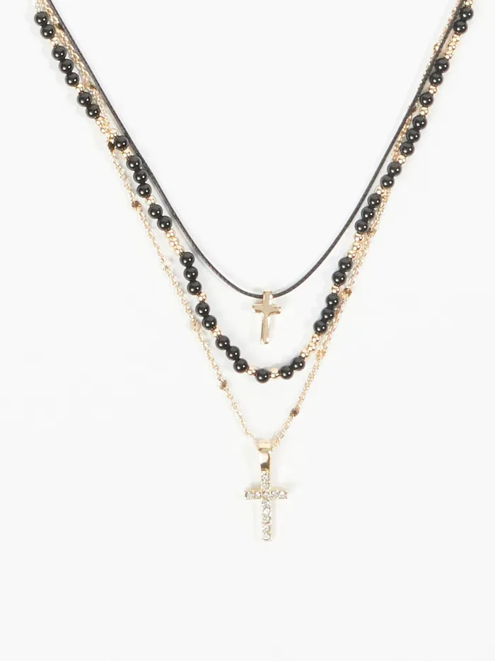 Women Altar039d State Jewelry Layered Cross Charm Cord Necklace Goldblack
