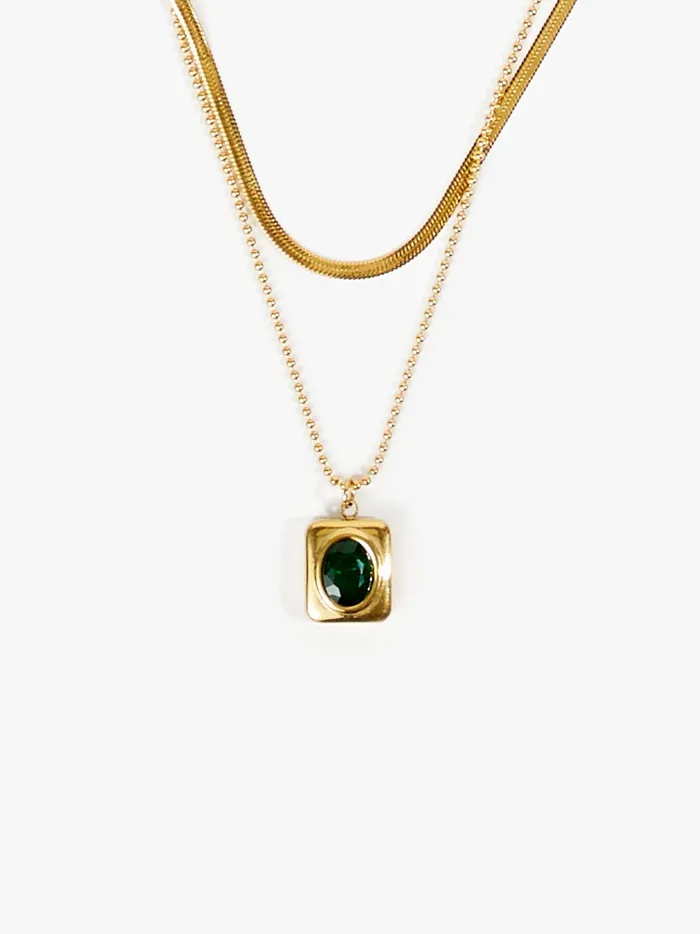 Women Altar039d State Jewelry Stainless Steel Layered Emerald Pendant Necklace Gold