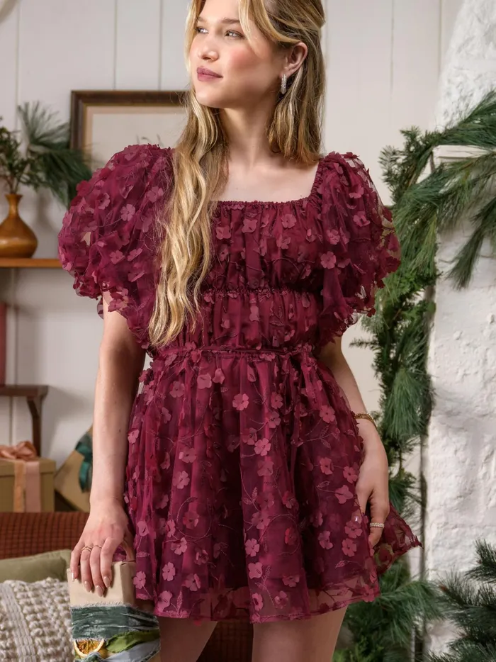 Women Altar039d State Special Occasion Maren Puff Sleeved Dress Burgundy