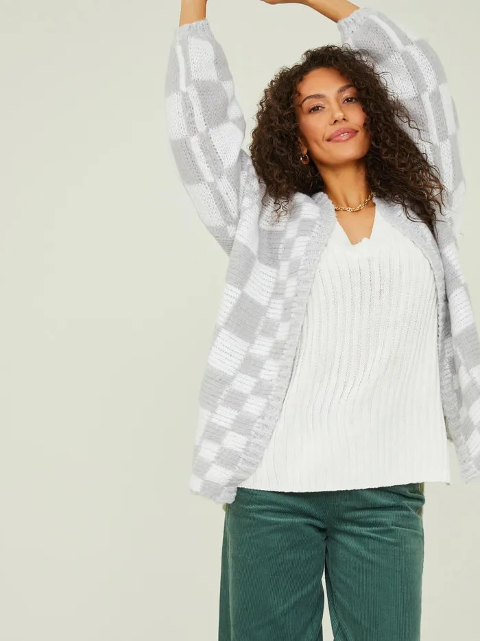 Women Altar039d State Sweaters Heather Checkered Oversized Cardigan Heathergreywhite