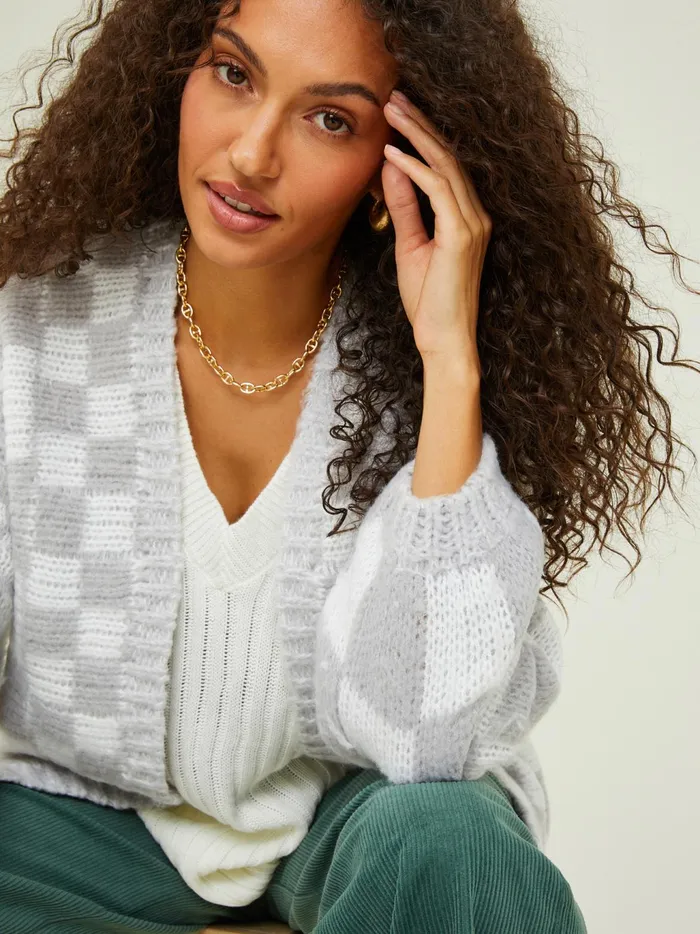 Women Altar039d State Sweaters Heather Checkered Oversized Cardigan Heathergreywhite