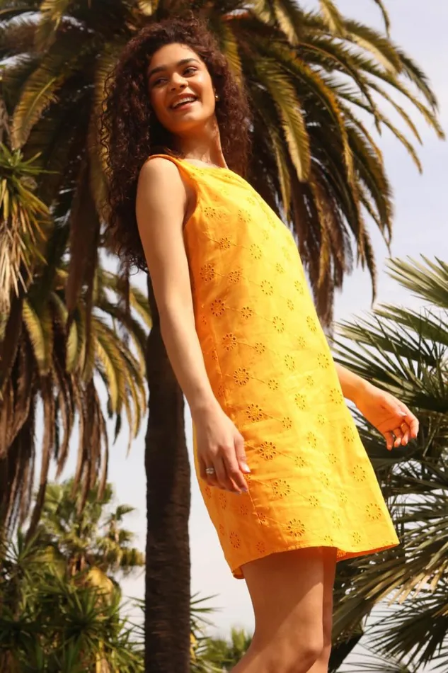 Women Amber Embroidered Cotton Shift Dress Roman Dresses