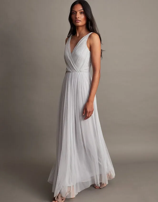 Women Anne Mesh Maxi Dress In Recycled Polyester Silver Monsoon Occasionwear