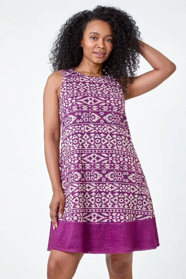 Women Aubergine Petite Aztec Print Contrast Hem Dress Roman Dresses