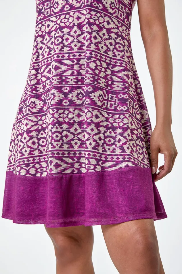 Women Aubergine Petite Aztec Print Contrast Hem Dress Roman Dresses