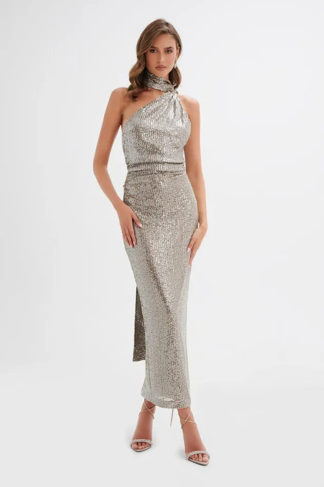 Women Backless Dresses Lavish Alice ALANNI Stretch Sequin Longline Scarf Maxi Dress In Silver Silver Women Backless Dresses Lavish Alice ALANNI Stretch Sequin Longline Scarf Maxi Dress In Silver Silver
