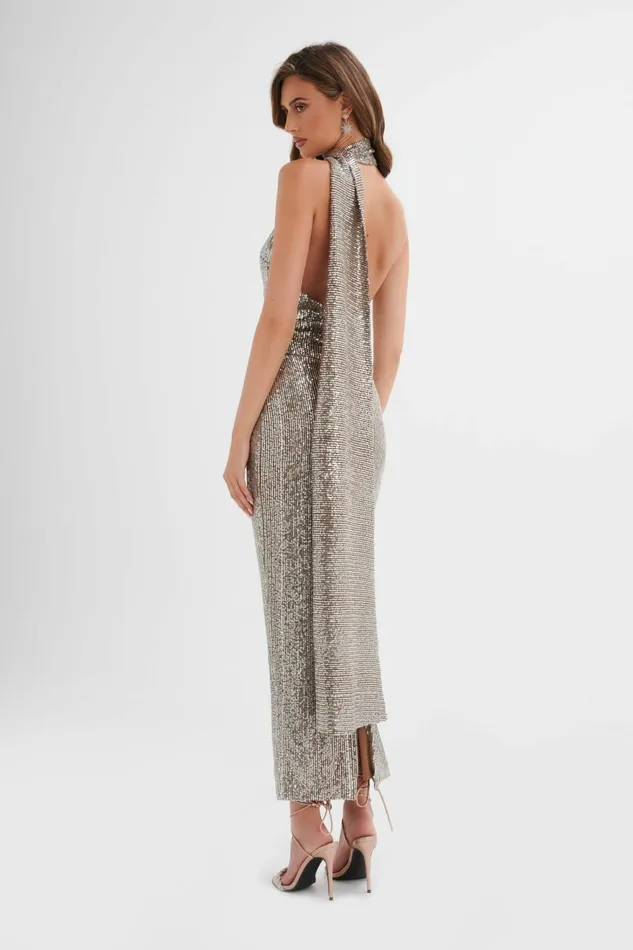 Women Backless Dresses Lavish Alice ALANNI Stretch Sequin Longline Scarf Maxi Dress In Silver Silver