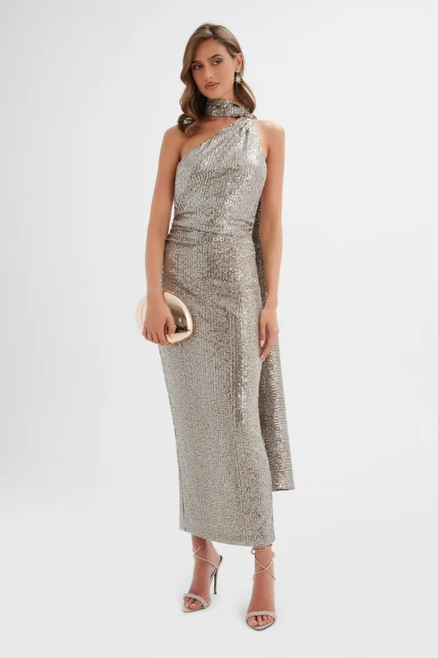 Women Backless Dresses Lavish Alice ALANNI Stretch Sequin Longline Scarf Maxi Dress In Silver Silver