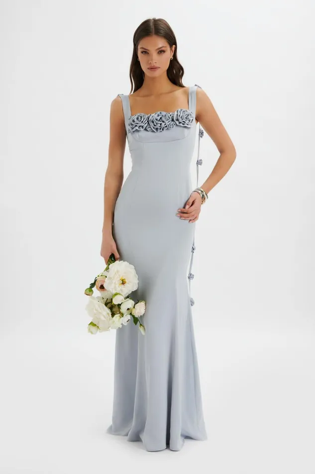 Women Backless Dresses Lavish Alice NATALYA 3D Flower Detail Satin Maxi Dress In Blue Blue