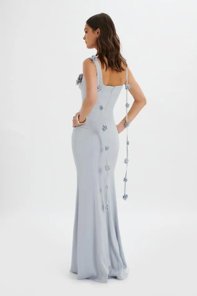 Women Backless Dresses Lavish Alice NATALYA 3D Flower Detail Satin Maxi Dress In Blue Blue