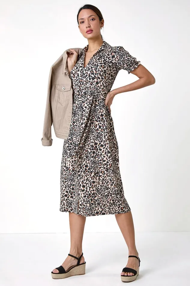 Women Beige Animal Print Textured Shirt Dress Roman Dresses