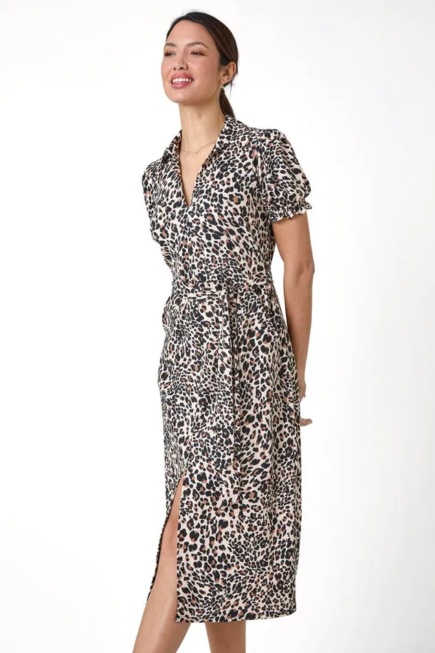 Women Beige Animal Print Textured Shirt Dress Roman Dresses